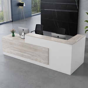 Modern L Shape <b>Reception</b> Desk With Light Wood Top White Base Minimalist Office Furniture Commercial Front <b>Counter</b> Table - Product Image 1