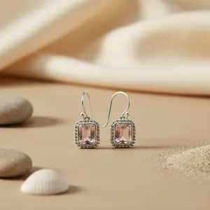 Pendientes Colgantes de Plata 925 Chapados en Oro de 18K con Cuarzo Rosa, Diamante, Moissanita y Perla para Boda, Joyería Elegante para Mujer - Product Image 1