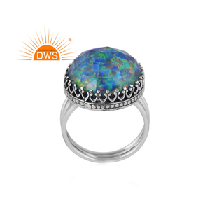 Elegent Designer Oxidized Sterling <b>Silver</b> Synthetic Green Fire <b>Opal</b> Gemstone Statement <b>Ring</b> Custom Jewelry Manufacturer - Product Image 1