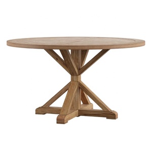 Rustic Round Dining <b>Table</b> with Pedestal Leg in Natural Wood Color for Modern Dining Room and <b>Outdoor</b> Garden Restaurant Sets - Product Image 2