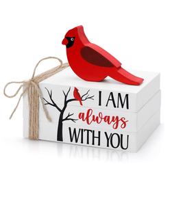 Cardinal livre en bois pile oiseau rouge noël plateau à plusieurs niveaux décor barre signe je suis toujours avec vous ferme en bois faux livres - Product Image 1