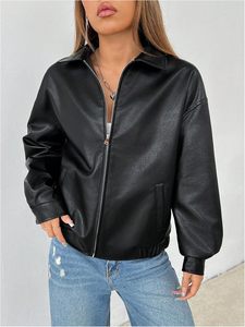 Chaqueta de piel sintética con cremallera para mujer, abrigo de manga larga con hombros caídos - Product Image 4