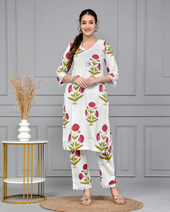Conjunto de Kurta y Pantalón de Algodón con Estampado Floral Hecho a Mano para Mujer, Ropa Étnica India Formal para Venta al por Mayor y Exportación, Top de Uso Diario - Product Image 5
