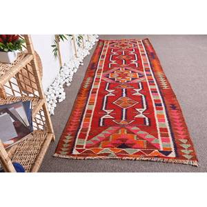 Alfombra Kilim turca Vintage de 3,1x9 pies, diseño de retales rojo y naranja, respaldo de látex de lana hecho a mano para adolescentes, pasillo rectangular de 10mm - Product Image 4