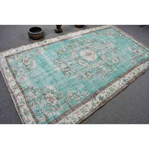 Alfombra turca vintage de 5,2x8,9 pies, tejido plano de lana verde Beige con diseño de retazos, estilo Aubusson para decoraciones de sala de estar - Product Image 2