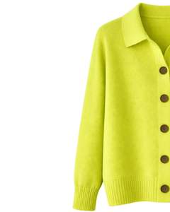 Women Lime Green Button Front Knit Cardigan Sweater Long Sleeve Soft Casual <b>Winter</b> <b>Top</b> With Polo Collar For Ladies Fashion Wear - Product Image 3