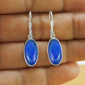 925 solide en argent Sterling Lapis Lazuli pierres précieuses boucles d'oreilles simples forme ovale boucles d'oreilles pour femmes boucles d'oreilles pendantes bijoux en argent - Product Image 6