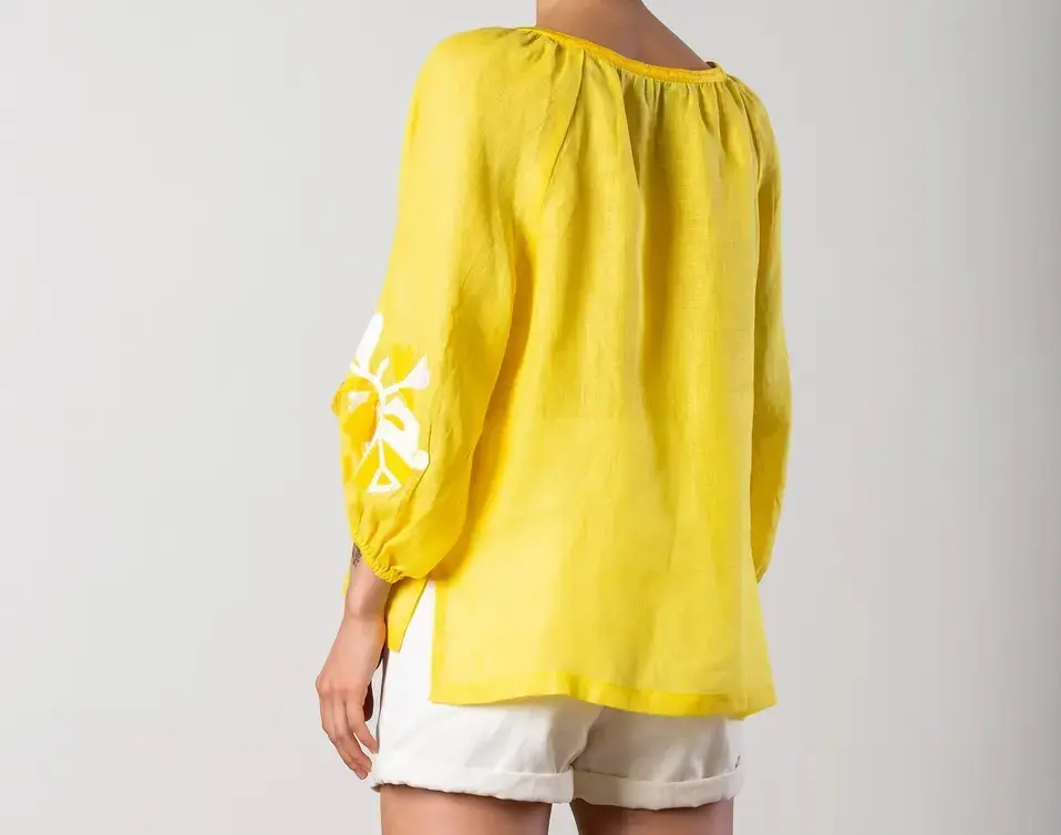 Yellow Embroidered Long Sleeves Top Women's Summer Cotton Blouse Vintage Romanian Shirts For Summer Party Favour