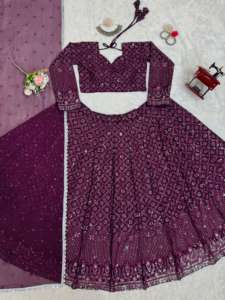 NUEVO LEHENGHA DE TELA DE SATÉN DE SEDA GEORGETTE MODERNO SEMI-CONFECCIONADO CON LENTEJUELAS DE HILOS PARA BODA - Product Image 4