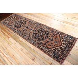 Alfombra de 3.5x12.3 pies, Alfombra Turca Vintage, Alfombra Geométrica Azul Marrón - Product Image 4