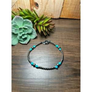 Navajo Strung Kingman Turquoise <b>Beaded</b> <b>Bracelet</b> with Ball Shape Elegant Sterling Silver Gift for Him - Product Image 1