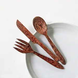 Accessori in legno da cucina all'ingrosso set di stoviglie piatte posate per la cena utensili per mangiare in legno di cocco