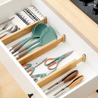 MIXWARES 4-delige set natuurlijke bamboe keukenlade organizers, verstelbare ladeverdelers voor keuken, slaapkamer, badkamer, commode, kantoor