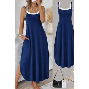 Robe longue en viscose à bretelles et col rond pour femme avec poches, 35588 - Bleu - Product Image 1