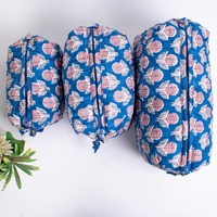 Sac de rangement pour maquillage vintage en coton bleu à motifs, grande capacité, fermeture éclair, durable, écologique, résistant à l'eau