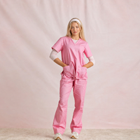 Ensemble uniforme médical pour femmes : Blouse et pantalon tissés, doux et confortables, col en V, manches courtes, pour pharmacie, clinique et personnel soignant