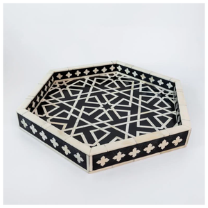 Plateau en os incrusté noir et blanc avec base en MDF en résine pour la cuisine, décoration de luxe pour la maison et vaisselle, plateau de service en os incrusté naturel - Product Image 3