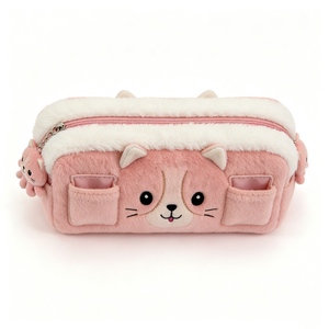 Unique plush fluffy cat pencil pouch with keychain, cute animal plush pencil <b>bag</b> soft plush cat stationery pouch - Product Image 3