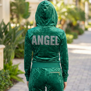 Ensemble de survêtement en velours écrasé vert émeraude, vente en gros, coupe ajustée au-dessus du genou, streetwear, lourd, 100% coton, sweat à capuche avec fermeture éclair dorée - Product Image 3