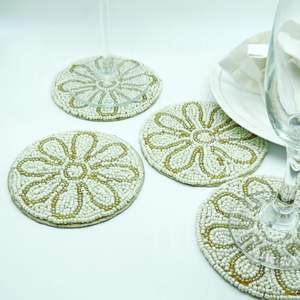 Purest Cream Colored Beaded <b>Coaster</b> <b>Set</b> <b>of</b> <b>6</b> Classy Cream Beaded <b>Coaster</b> Kitchen Accessories <b>Table</b> Top Decor <b>Coasters</b> Available - Product Image 2