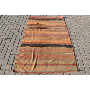 Alfombra de lana turca Vintage, alfombra de área de gran tamaño naranja y negra, patrón de retazos de 37x53 pies para sala de estar o pasillo para adolescentes - Product Image 1