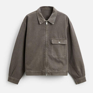 Wholesale Unisex Winter Washed Bomber <b>Jacket</b> Streetwear Vintage Canvas Twill Zip-Up with Front Logo - Product Image 1