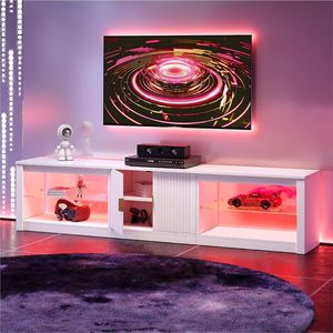 Mueble de TV Moderno Blanco al por Mayor con Puertas Acanaladas, Consola Multimedia LED, Estantes de Vidrio, Mueble Grande para TV, Consola Multimedia para Sala de Estar - Product Image 2