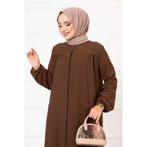 Robe abaya froncée marron coupe confortable Design personnalisé Style modeste pour l'hiver et l'été Long coton ODM approvisionnement avec logo personnalisé - Product Image 1