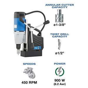 Taladro Magnético Portátil de Una Velocidad, 8.2 Amperios, 110 Voltios, 450 RPM, Eléctrico con Cable, Diámetro de 1-3/8 Pulgadas - Product Image 5