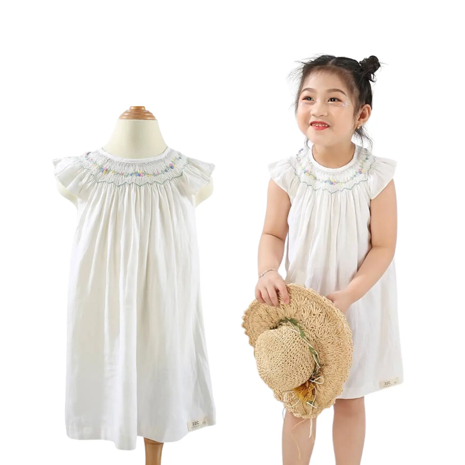 Children's Clothing Girl's Clothing Girls Dresses Wholesale Girl Smocked Dress White Short Cotton Customized Design Supplier