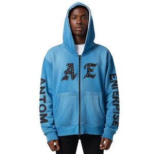 Sweat-shirts à capuche personnalisés, style streetwear vintage, délavés, déchirés, coupe ample, broderie, strass, délavage à l'acide, effet délavé au soleil, fermeture éclair - Product Image 1