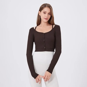 Top de yoga pour femmes, couleur unie, manches longues, chemise de gymnastique, doux, extensible, respirant, séchage rapide, vêtements de sport pour femmes. - Product Image 6