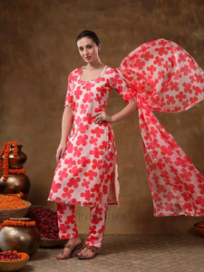MERAKI NARANJA ESTAMPADO FLORAL MUSELINA KURTA SET ORGANZA DUPATTA Vestidos casuales de algodón Fit Flare Media manga Vestido natural - Product Image 3