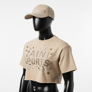 Camiseta Corta de Algodón de Alta Calidad para Mujer, 200 GSM, Color Beige Nude, con Logotipo de Pedrería Termoadhesivo de Lujo - Product Image 4