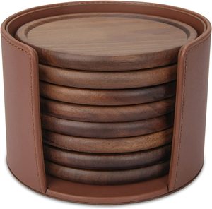 High Quality Leather Stand Natural coaster Acacia Wood Eco-friendly Custom Wood coaster Wooden <b>Cup</b> <b>Mat</b> 8 Pcs Set Modern Style - Product Image 1