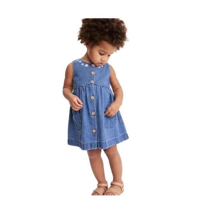 Flower Embroidered Girl's Denim Dress