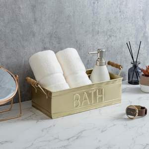 Vintage Rectangular Bathroom Storage Bin Embossed Brass Metal Open Design with Wooden Handles for Toiletries Bath Hardware Set - Product Image 1