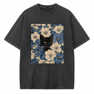 Camiseta Gris Vintage con Lavado Ácido para Hombre, Diseño Artístico de Gato en las Flores, Talla Grande, Algodón Grueso de Secado Rápido, Logotipo Personalizado OEM - Product Image 1