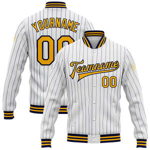Chaqueta Varsity Personalizada con Franjas, Nombre del Equipo y Número, Detalles en Amarillo y Morado, Estilo Béisbol - Product Image 5