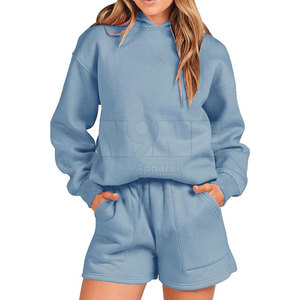 2025 último diseño patrón sólido Sudadera con capucha para mujer conjuntos cortos ropa informal de buena calidad para Primavera/Verano cuello con capucha - Product Image 1
