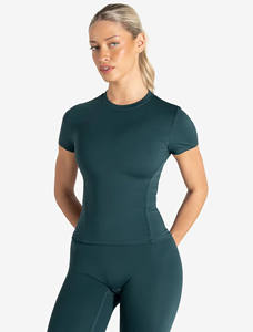 Camiseta de gimnasio para mujer de color verde azulado marino de alta demanda, camiseta elástica de manga corta de longitud completa con cuello redondo y poliéster, nueva camiseta informal de entrenamiento de Yoga - Product Image 5