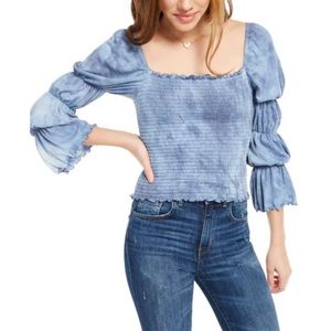 Top Junior Rewash Blu Medio Taglia XS, Tie-Dye con Arricciature e Bordo a Balze, Realizzato in Tessuto Lavorato a Maglia - Product Image 1