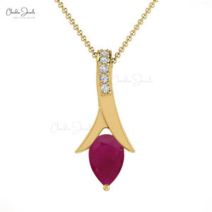 Proveedor de Joyería al por Mayor, Colgante de Gema de Rubí Natural de 6x4 mm con Engaste de Media Montura para Novia en Collar de Oro Fino de 14k con Pavé de Diamantes - Product Image 3