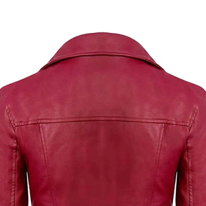 Veste de moto en similicuir PU rouge vif pour femme avec logo personnalisé, col à revers et multiples fermetures éclair - Product Image 6