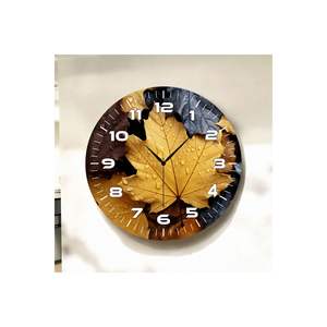Reloj de pared de mesa de madera silencioso de 50cm Impresión en color amarillo y negro con patrón de hojas Producto de regalo - Product Image 3