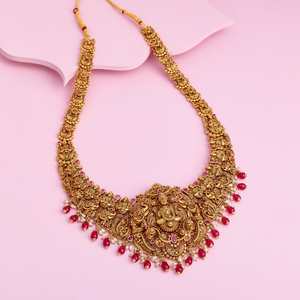 Antique Gold Plated <b>Necklace</b> <b>Ruby</b> Diamond Pearl Beads 185198 Wedding Engagement Religious Claw Setting Brass Alloy Number Shape - Product Image 2