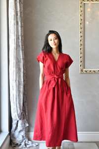 Robe Maxi Swing en Lin Rouge Manches Courtes Col en V Poches Wrap Tissé Robe Midi-Longueur Taille Naturelle Multiway Long Wrap Solide - Product Image 2