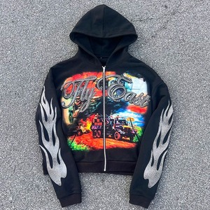 Sudaderas con capucha con estampado digital de diamantes de imitación personalizados Sudaderas con capucha con cremallera recortadas Hombres French Terry Pullover Grueso 400 Gsm Sudaderas con capucha de peso pesado - Product Image 1