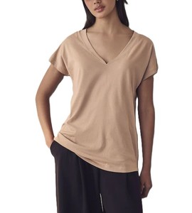 Dernier T-shirt femme tendance très vendu été décontracté OEM coton col V profond femme T-Shirts couleur neutre coupe décontractée - Product Image 6
