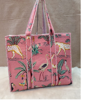 Özel yapılmış pembe renkli pamuk kapitone kantha dikiş tote çanta hayvan baskı ile yapılan kumaş artıkları için ideal satış